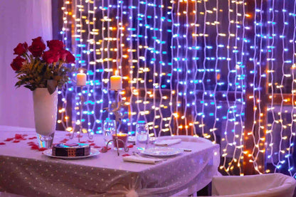 CORTINA DE LUCES CÁLIDAS  Y MULTICOLOR CON MANDO